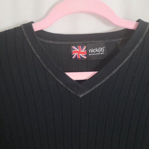 Nick(it) Sweater Men's Medium Black V-neck stretch RETRO Y2K vintage acrylic - Picture 4 of 8